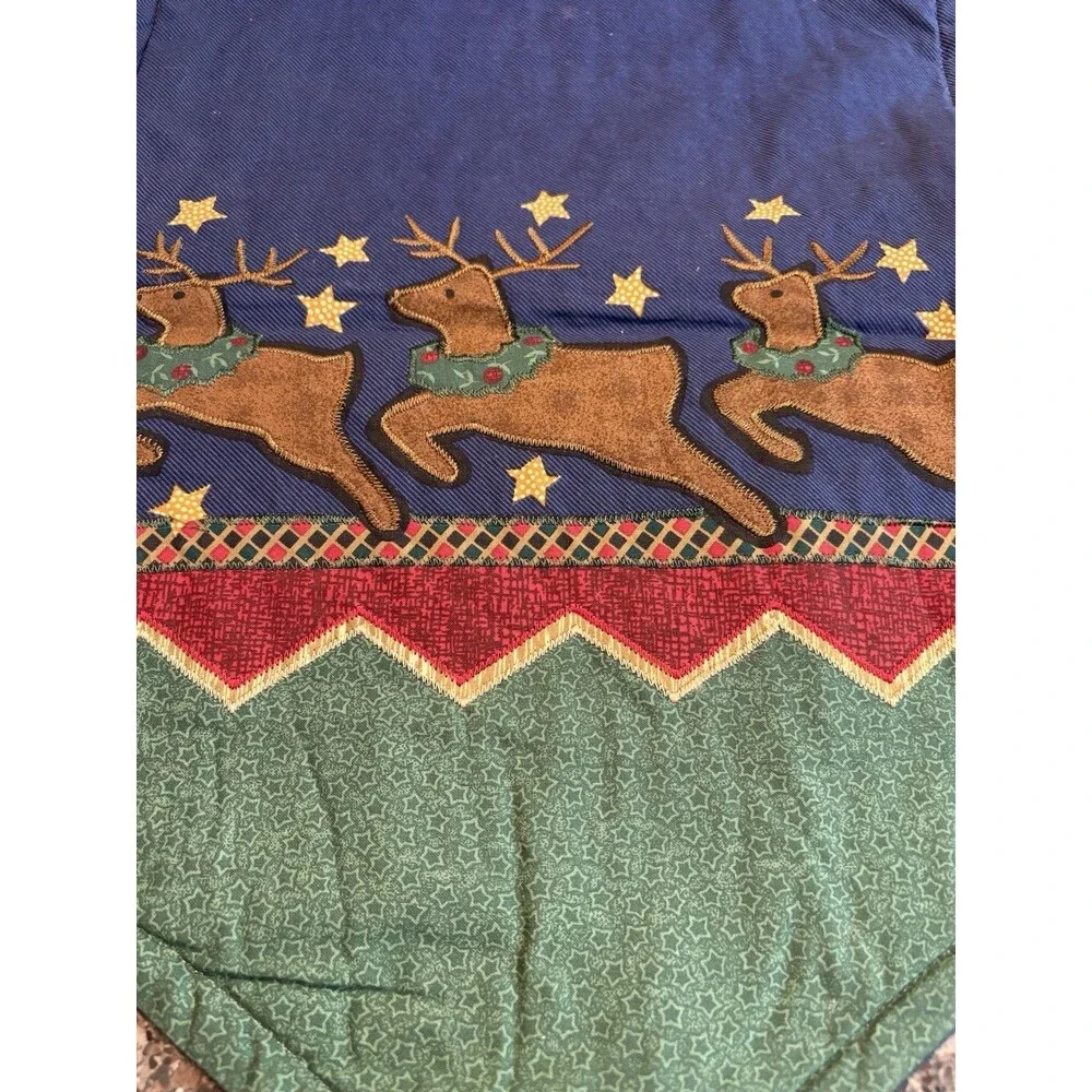 Vintage Quilted Christmas Table Runner Reindeer Applique Blue Green Country 90s